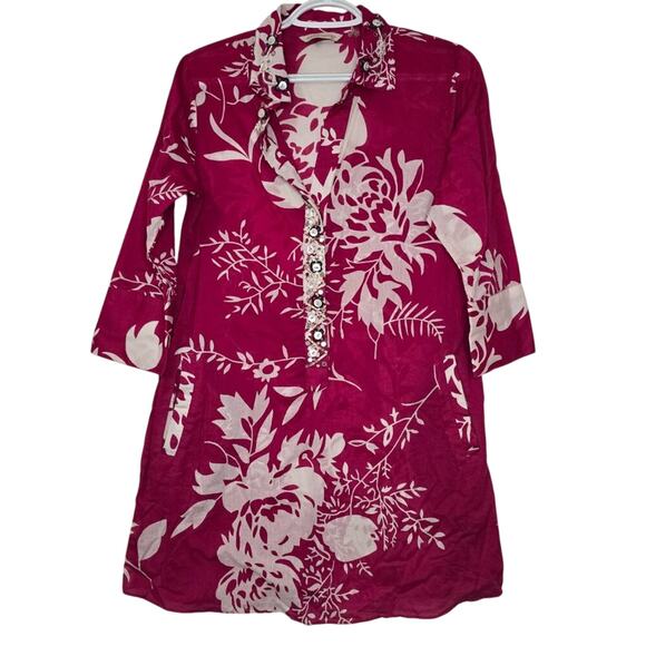 Soft Surroundings Tops - Soft Surroundings Pink & White Beaded Floral India Inspired Tunic XSP